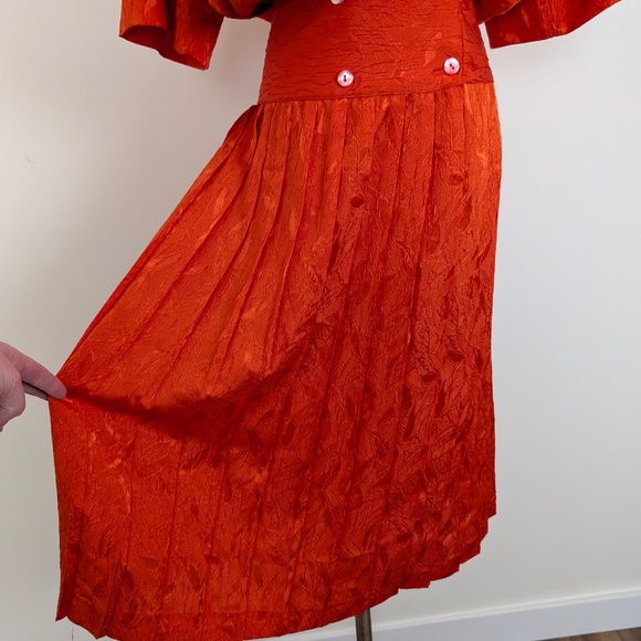 80s Orange Midi Dress Drop Waist Peplum Doubled Breasted Collar V-Neck - Picture 3 of 11